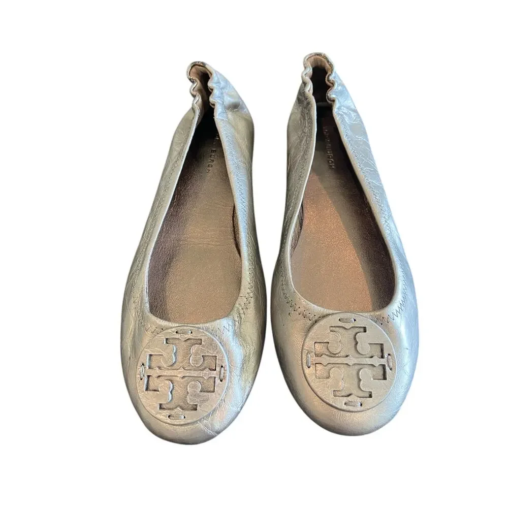Tory Burch Minnie Flats Travel Ballet Slip On Leather Metallic Office Preppy 6.5